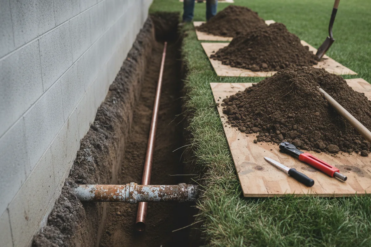 Excavated water line trench during Water Heater Repair in Newcastle